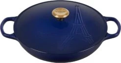 Le Creuset 3 1/2 Qt. Signature Braiser Eiffel Tower Embossed Lid & Gold Knob - Indigo