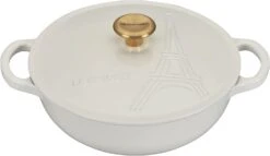 Le Creuset 2 1/2 Qt. Signature Cocotte Eiffel Tower Embossed Lid & Gold Knob - White
