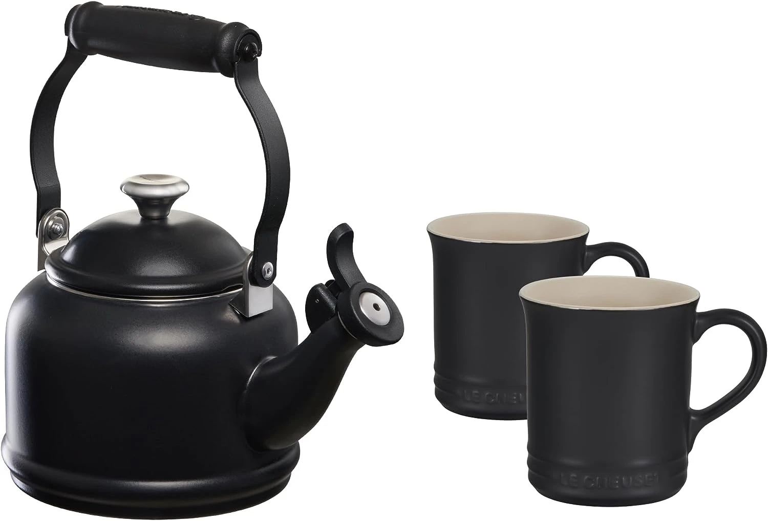 Le Creuset 1 1/4 Qt. Demi Kettle W/Stainless Steel Knob & (2) 14 Oz. Mug Set - Licorice 3 Le Creuset 1 1/4 Qt. Demi Kettle W/Stainless Steel Knob & (2) 14 Oz. Mug Set - Licorice