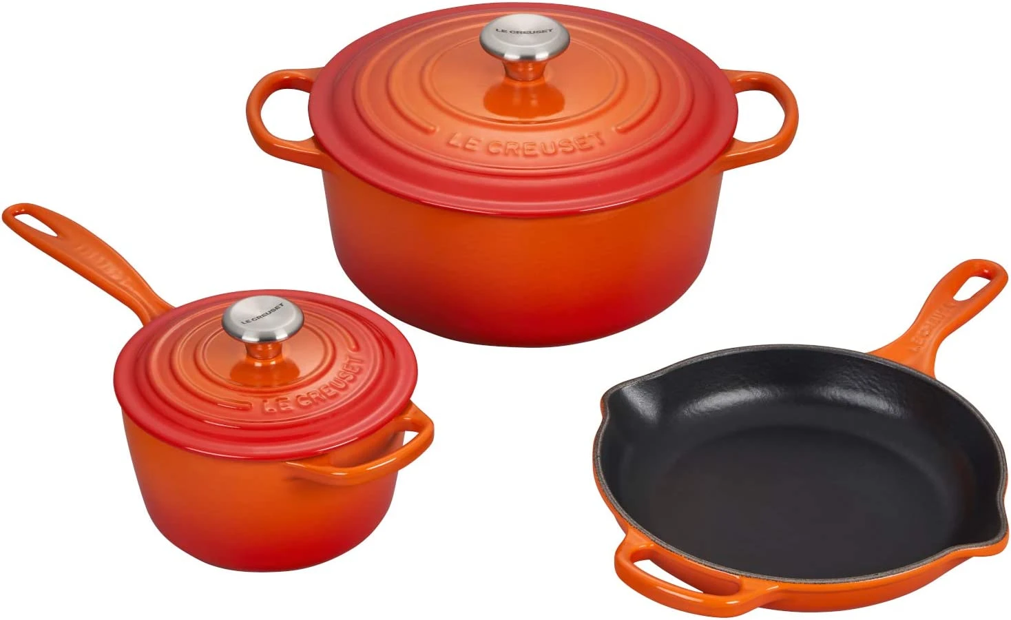 Le Creuset 5-Piece Signature Set W/Stainless Steel Knob - Flame (5.5 Qt. RDO, 1.75 Qt. Saucepan, 9" Skillet) 3 Le Creuset 5-Piece Signature Set W/Stainless Steel Knob - Flame (5.5 Qt. RDO, 1.75 Qt. Saucepan, 9" Skillet)