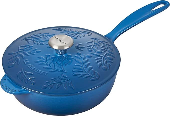Le Creuset 2 1/4 Qt. Enameled Cast Iron Saucier W/Olive Branch Embossed Lid - Marseille 3 Le Creuset 2 1/4 Qt. Enameled Cast Iron Saucier W/Olive Branch Embossed Lid - Marseille