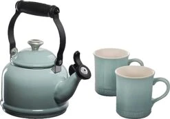 Le Creuset 1 1/4 Qt. Demi Kettle W/Stainless Steel Knob & (2) 14 Oz. Mug Set - Sea Salt