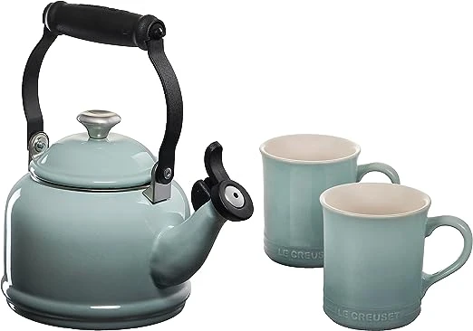 Le Creuset 1 1/4 Qt. Demi Kettle W/Stainless Steel Knob & (2) 14 Oz. Mug Set - Sea Salt 3 Le Creuset 1 1/4 Qt. Demi Kettle W/Stainless Steel Knob & (2) 14 Oz. Mug Set - Sea Salt